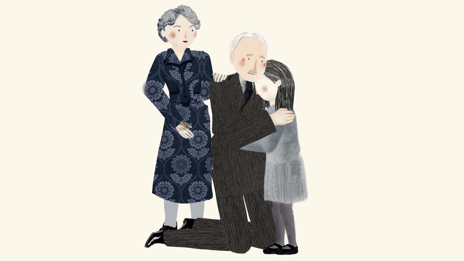 Film still: Opa on his knees, hugging Elka, Oma standing beside them