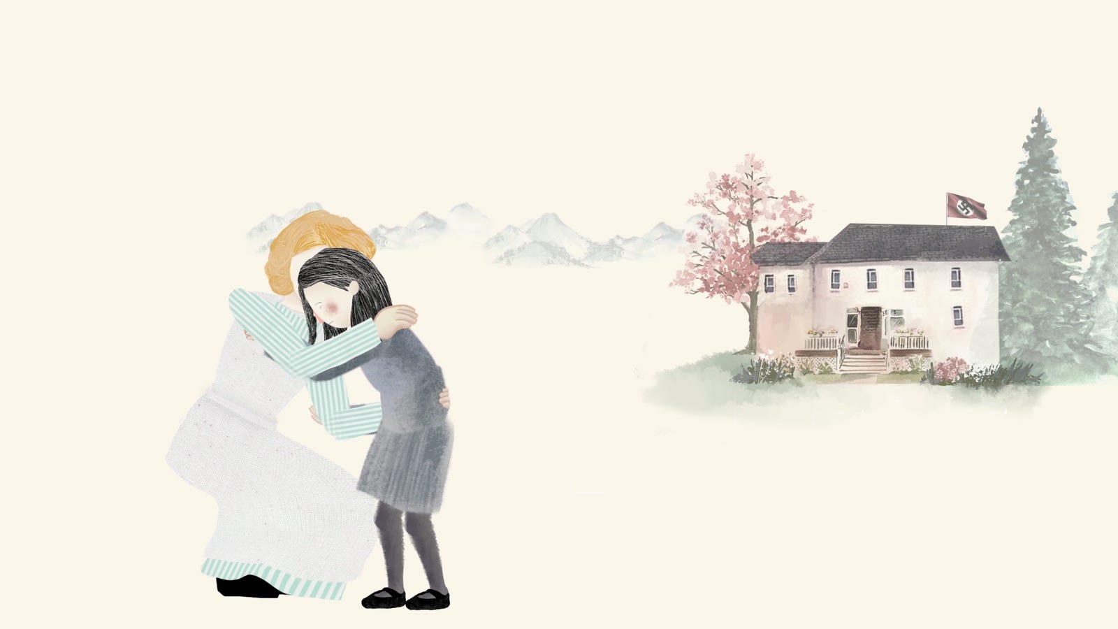 Film still: Hildegard holding Elka outside the house with the cherry tree