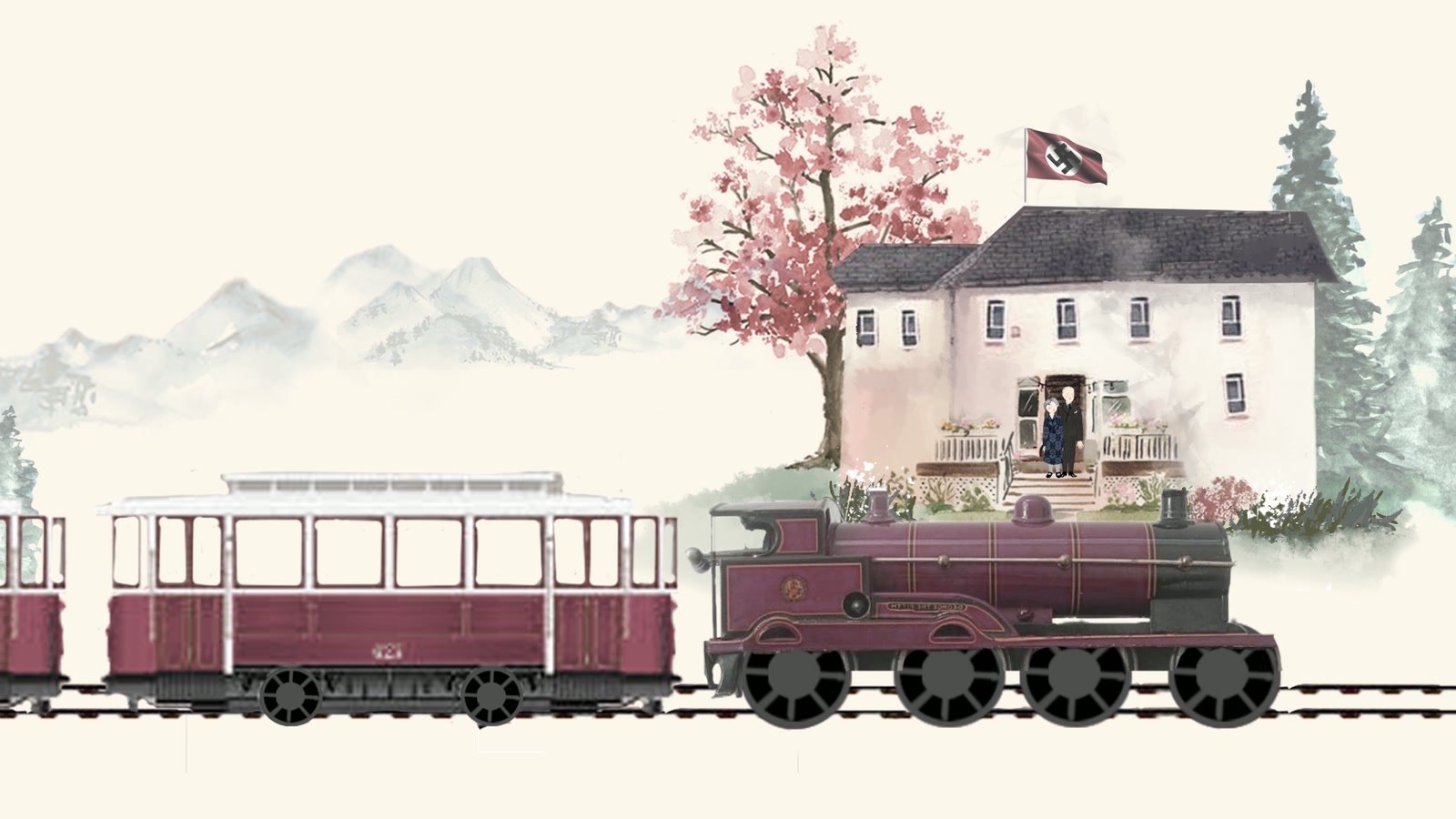 Film still: a little train passing a house with a cherry tree and a swastika flag