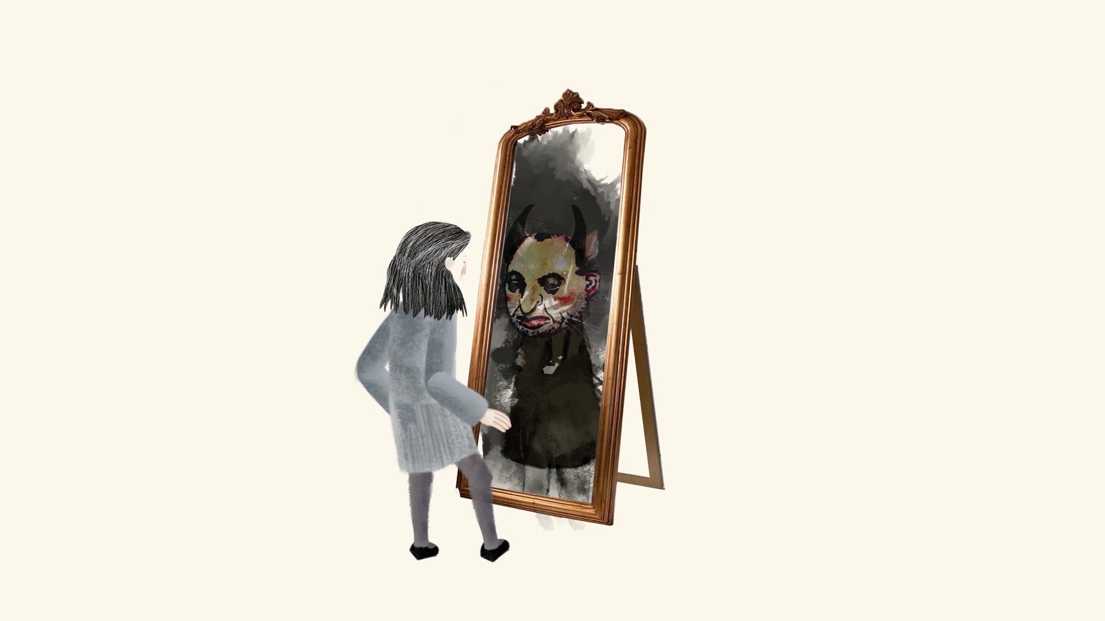 Film still: Elka at a tall gilt mirror, and in it, instead of her reflection, a grotesque horned face