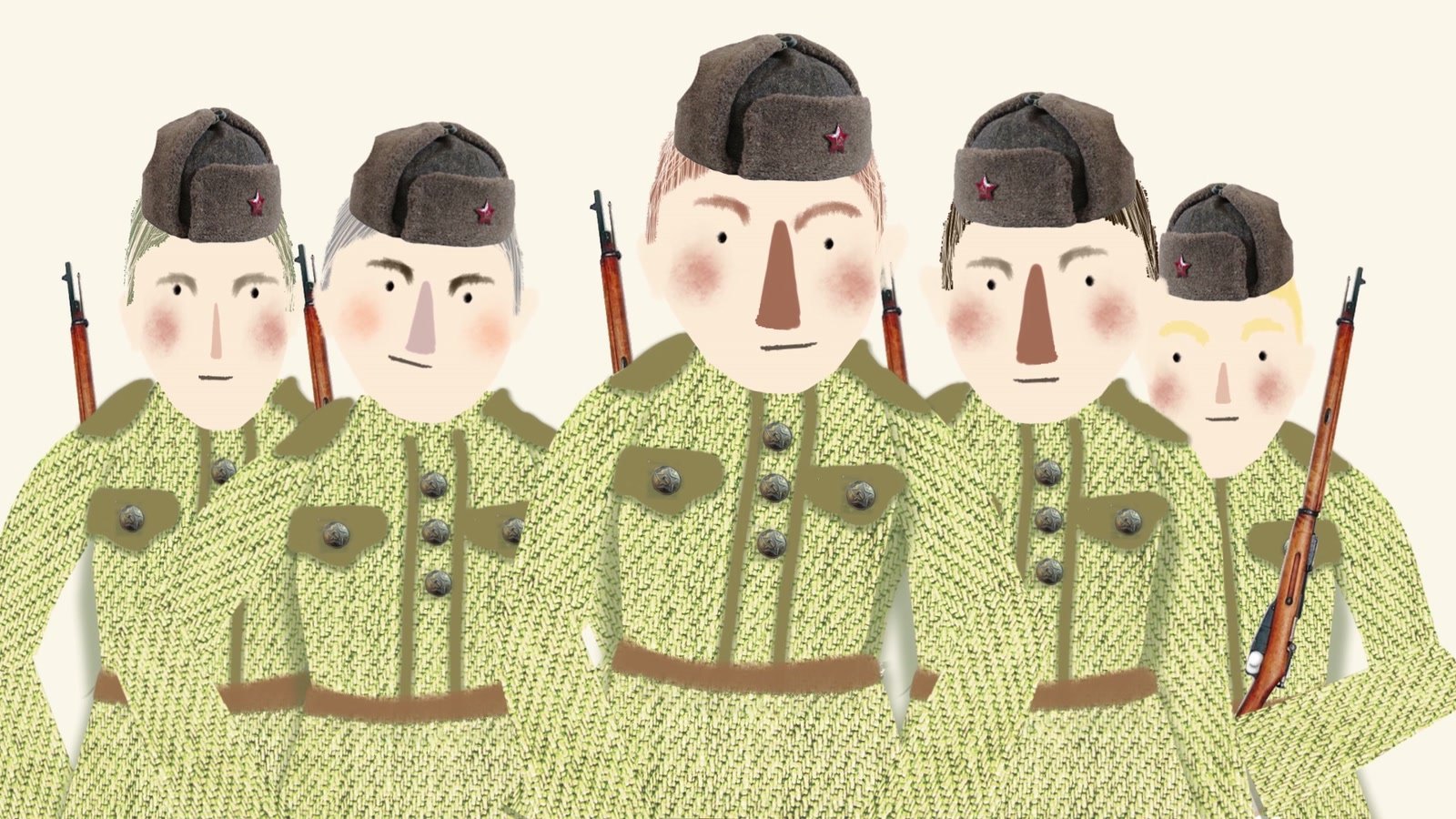 Film still: a row of Russian soldiers in green uniforms with rifles