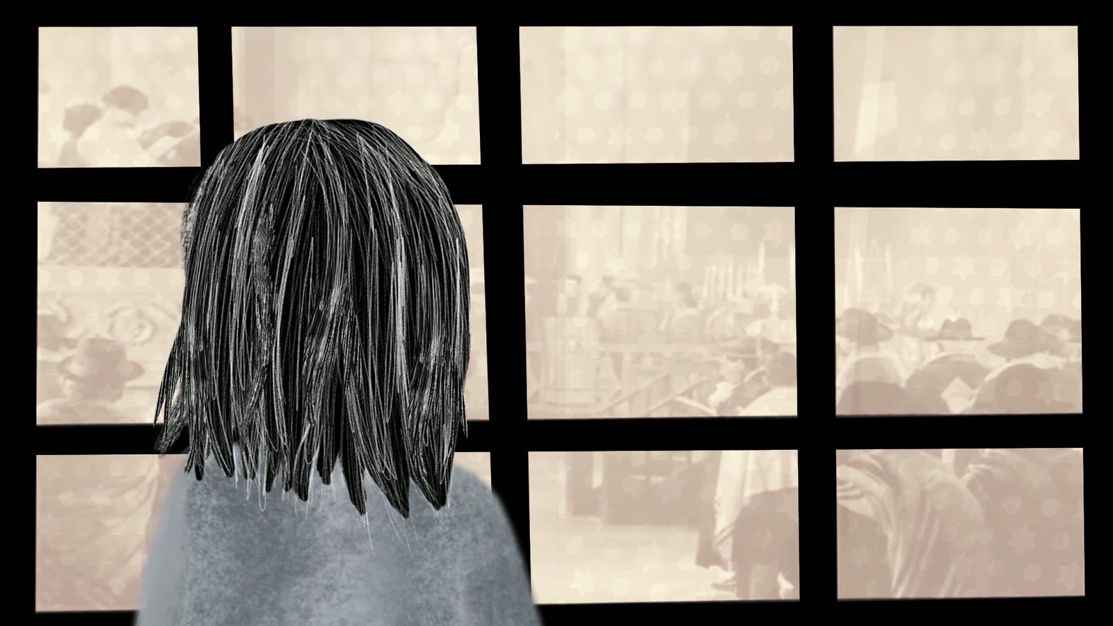 Film still: Elka seen from behind at a window, and through its panes, archive film of a synagogue full of people