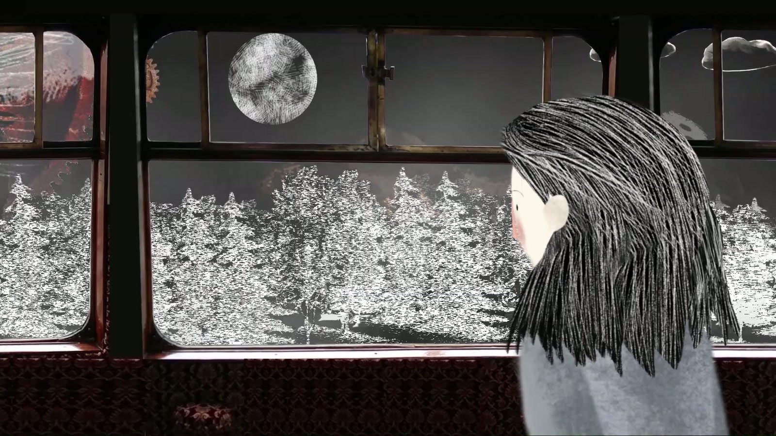 Film still: Elka at a train window, the moon over a snowy forest