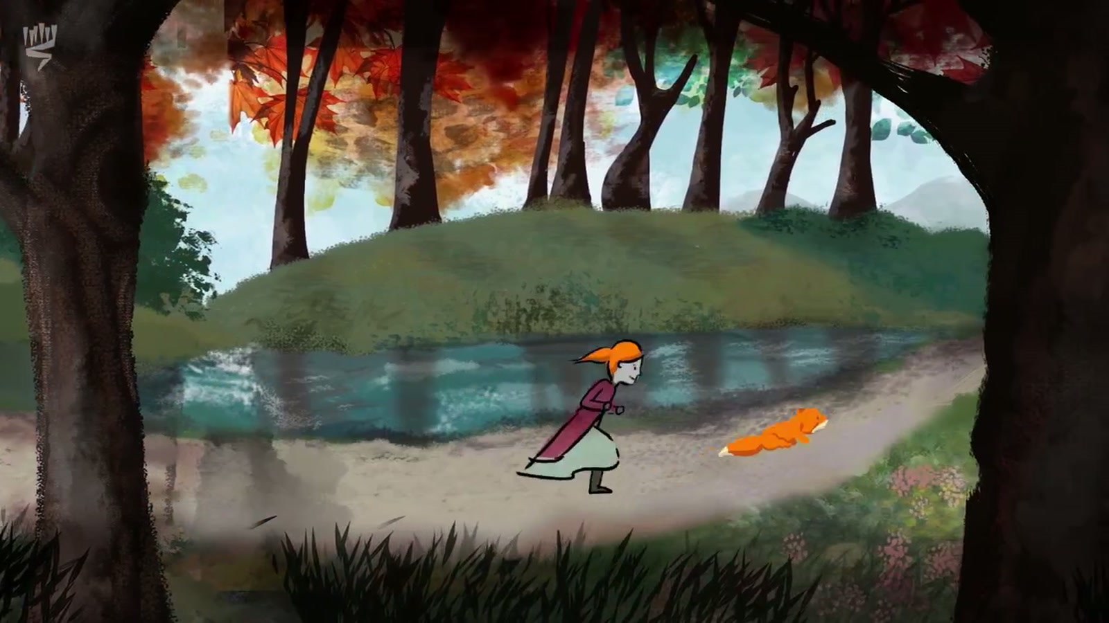 Film still: the red-haired sister running in full stride along a river through an autumn wood, a fox leaping ahead of her