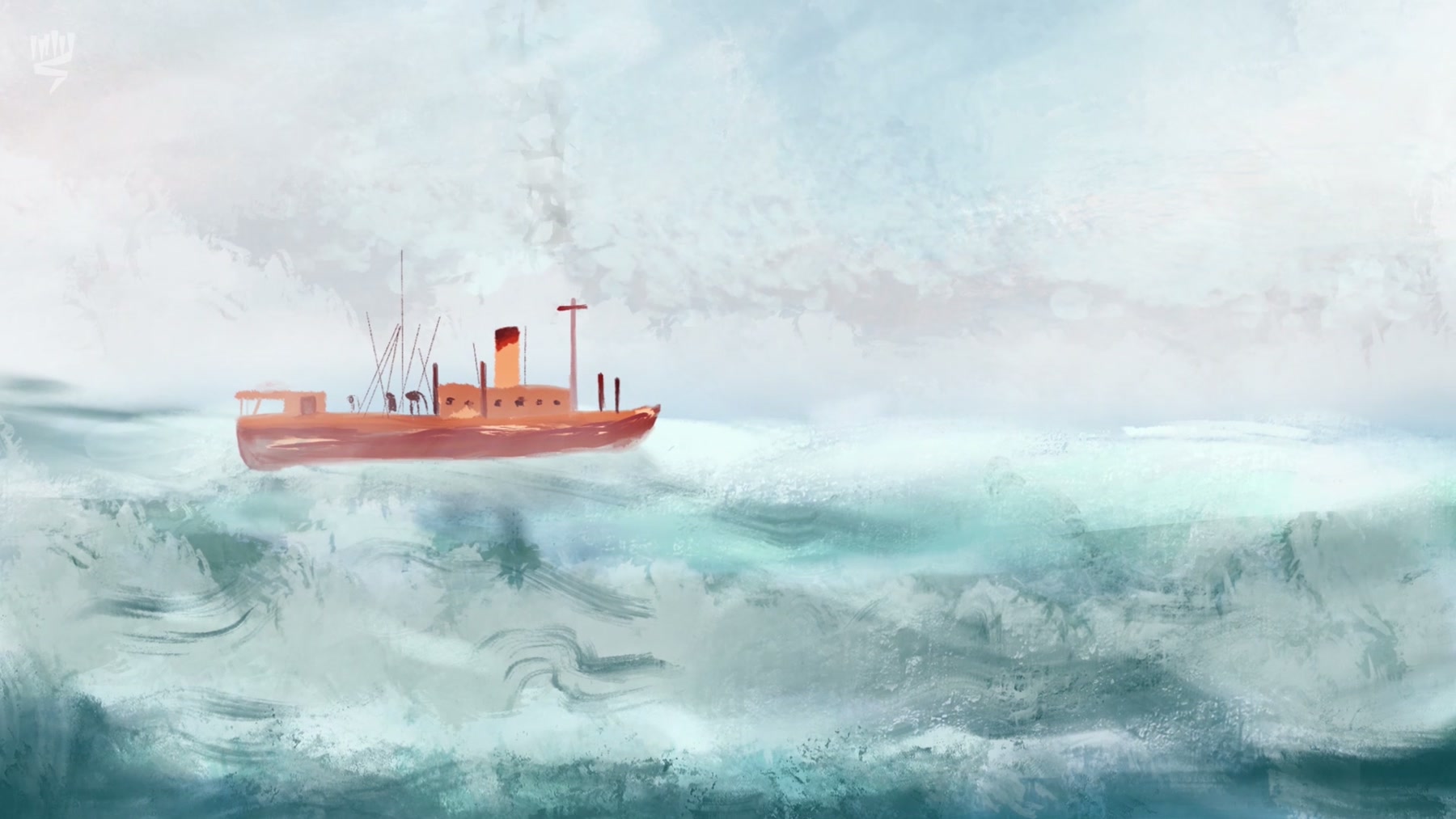 Film still: a small red ship in the centre of a grey, heaving sea